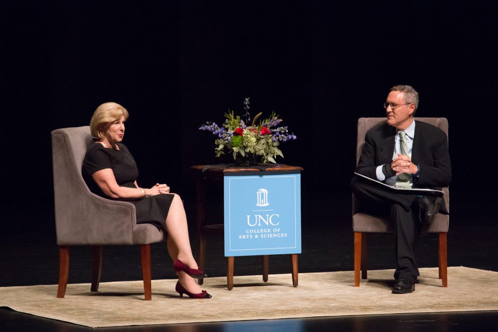 Nina Totenberg on stage in Memorial Hall in a conversation with UNC School of Law’s Michael Gerhardt.